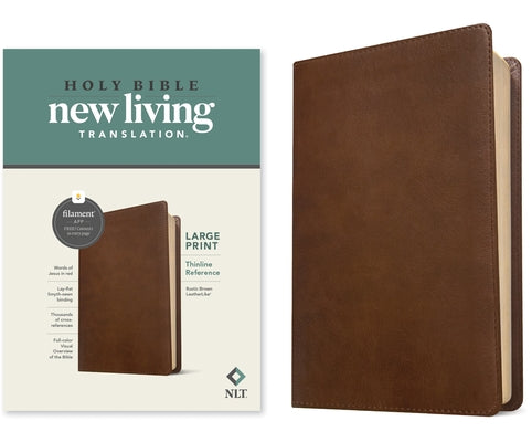 Red letter NLT Large Print Thinline Reference Bible in rustic brown leatherlike cover, filament-enabled edition by Tyndale House Publishers.