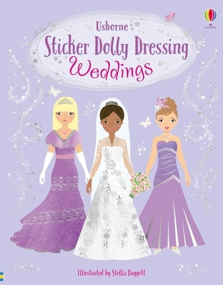 Paperback Sticker Dolly Dressing Weddings book by Usborne Books featuring wedding-themed stickers and dress-up scenes for children.