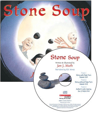 Paperback copy of Stone Soup by Scholastic with a CD, featuring colorful illustrated cover art.