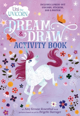 Pink paperback Uni the Unicorn Dream & Draw Activity Book with colorful illustrations for young children.