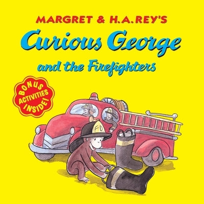 Paperback of Curious George and the Firefighters by Clarion Books, showing the cover with colorful illustrations and bonus stickers.