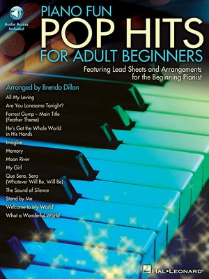Paperback Piano Fun Pop Hits book by Hal Leonard with online audio and CD, showing colorful cover and sheet music pages.