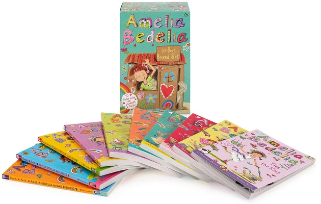 Greenwillow Books Amelia Bedelia chapter book 10-book boxed set with bookmark, showing colorful book spines and packaging.