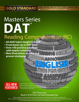 Ruveneco DAT Masters Series Reading Comprehension paperback book for dental admission test preparation, with sample pages visible.