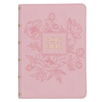 Red letter KJV Holy Bible by Christian Art Publishers with pink faux leather cover, large print, ribbon marker, compact size.