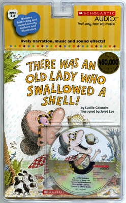 Paperback copy of "There Was an Old Lady Who Swallowed a Shell!" by Scholastic, with colorful cover illustration and CD included.