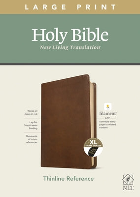 NLT Large Print Thinline Reference Bible by Tyndale House in rustic brown leatherlike with red letter text and indexed pages.