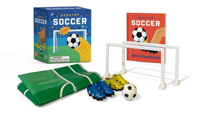 Paperback desktop soccer game "Goal!" by Rp Minis, featuring a miniature soccer goal and ball on a wooden surface.