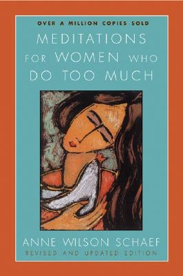Paperback book titled "Meditations for Women Who Do Too Much" by HarperOne, featuring a calming cover with soft colors and serene imagery.