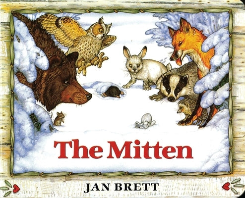 Colorful cover of "The Mitten" board book by G.P. Putnam's Sons for young readers, featuring illustrated animals and winter scene.
