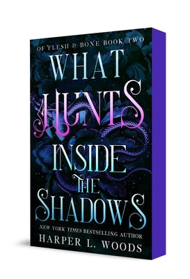 Paperback copy of "What Hunts Inside the Shadows: Of Flesh & Bone" by Bramble, featuring dark, mysterious cover art.