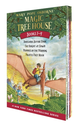 Boxed set of Magic Tree House #1-4 books by Random House Books for Young Readers, featuring colorful cover images of the adventure series.