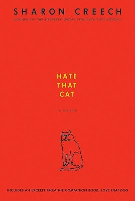 Paperback of "Hate That Cat" by HarperCollins, showing the book cover with colorful illustrations and title text.