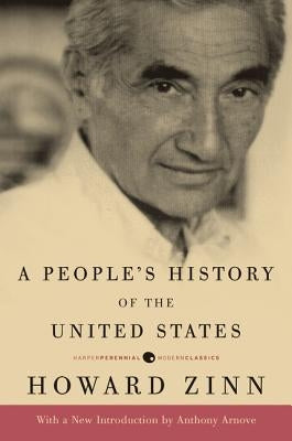 Paperback copy of "A People's History of the United States" by Harper Perennial, with a book cover featuring text and design elements.