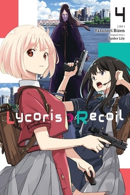 Paperback manga, Lycoris Recoil Vol. 4 by Yen Press, featuring colorful cover art with characters in dynamic poses.
