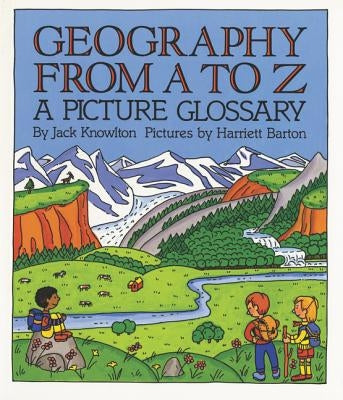 Paperback "Geography from A to Z" picture glossary by HarperCollins, showing colorful illustrated pages of geographic terms.