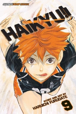 Paperback of Haikyu!!, Vol. 9 manga by Viz Media featuring colorful cover art and characters from the volleyball series.