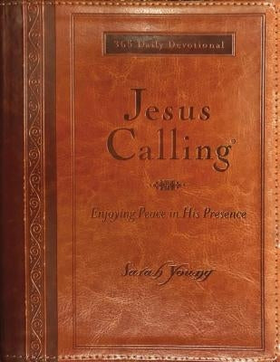 Jesus Calling large text brown Leathersoft imitation leather Bible by Thomas Nelson with full scriptures, featuring a peaceful design.