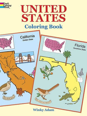 Paperback United States Coloring Book by Dover Publications featuring detailed U.S. maps and iconic landmarks for coloring.