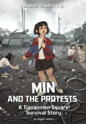 Paperback book titled "Min and the Protests: A Tiananmen Square Survival Story" by Stone Arch Books, featuring a cover illustration.