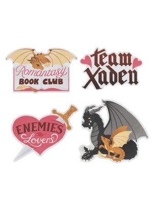 Set of four Rebecca Yarros Fourth Wing Romantasy stickers on paperback book, featuring colorful fantasy-themed designs by Out of Print Clothing