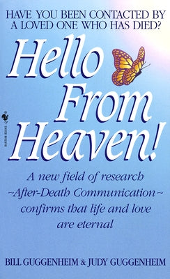 Mass market paperbound book titled "Hello from Heaven" by Bantam, featuring a cover with celestial imagery and serene colors.