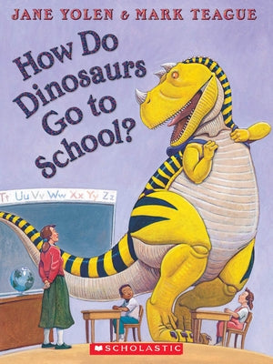 Scholastic "How Do Dinosaurs Go to School?" paperback book with accompanying audio CD, featuring colorful dinosaur illustrations.