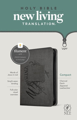Tyndale NLT Compact Zipper Bible with leatherlike cover, charcoal patch, red letter text, featuring filament-enabled design.