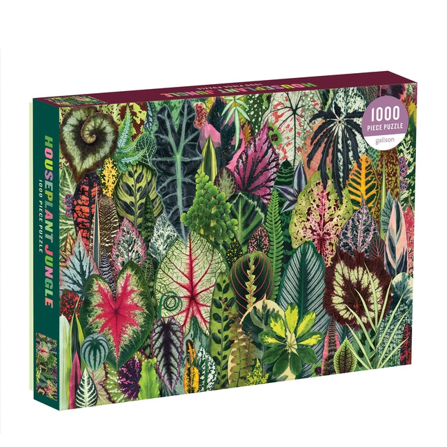 Galison Houseplant Jungle 1000-piece puzzle featuring vibrant tropical plant illustrations for nature-themed entertainment.