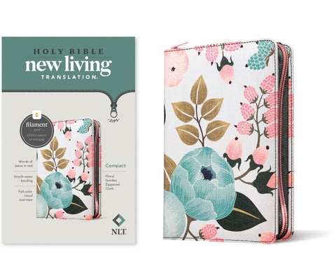 Tyndale House Compact Zipper Bible with floral garden cloth cover, red letter text, filament enabled for easy reading.