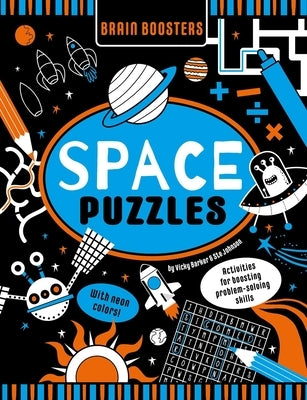 Little Genius Books Brain Boosters Space Puzzles paperback activity book for kids with neon colors and problem-solving activities.