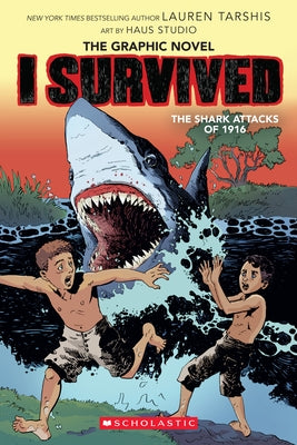 Paperback graphic novel titled "I Survived the Shark Attacks of 1916" by Graphix, featuring illustrated cover art with ocean scene.