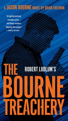 Mass market paperback of Robert Ludlum's The Bourne Treachery with a dark cover featuring a mysterious figure and cityscape.