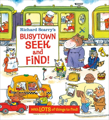 Richard Scarry's Busytown Seek and Find! board book by Golden Books, featuring colorful illustrations of busy town scenes for children.