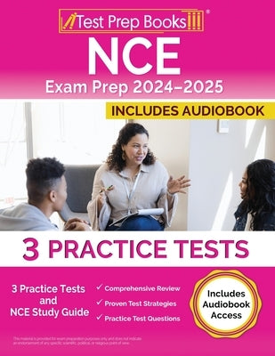 Test Prep Books NCE Exam Prep 2024-2025 paperback with practice tests and study guide, includes audiobook access, showing book cover.