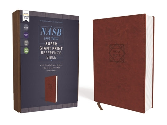 Zondervan Super Giant Print Reference Bible in brown Leathersoft with red letter edition and comfort print, 1995 text visible.