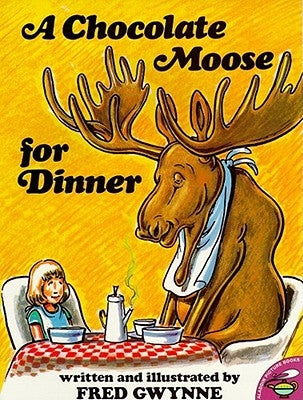 Paperback copy of "A Chocolate Moose for Dinner" by Aladdin Paperbacks, showing the book cover with colorful illustration.