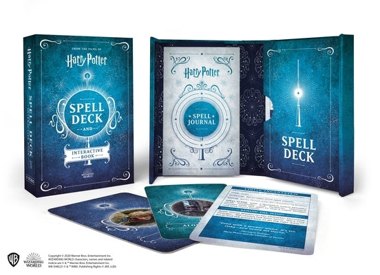 RP Studio Harry Potter spell deck and interactive book set, featuring magical cards and pages with spells and illustrations.