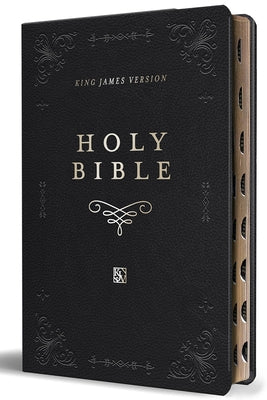 Black imitation leather KJV Holy Bible with giant print, red letter text, ribbon marker, thumb index, and large thinline format.