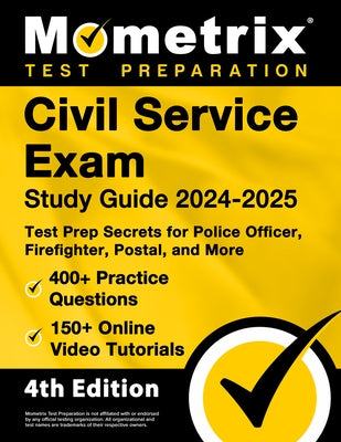 Civil Service Exam Study Guide 2024-2025 paperback with practice questions, online tutorials, and test prep tips for police and firefighter roles.