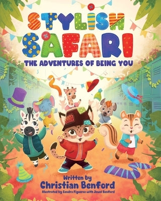 Paperback titled "Stylish Safari: The Adventures of Being You" by Mynd Matters Publishing, showing colorful book cover with illustrations.