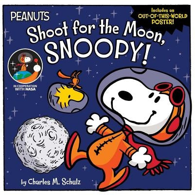 Paperback "Shoot for the Moon, Snoopy!" by Simon Spotlight featuring Snoopy sitting on a rocket against a starry sky.