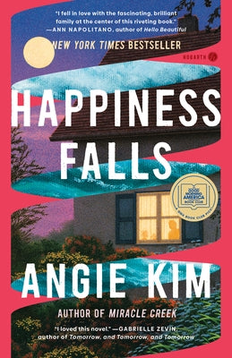 Paperback of Happiness Falls by Hogarth Press, featuring the book cover with colorful artwork and title text.