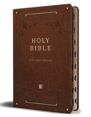Brown imitation leather KJV Holy Bible with giant print, ribbon marker, red letter text, thumb index, and thinline large format.