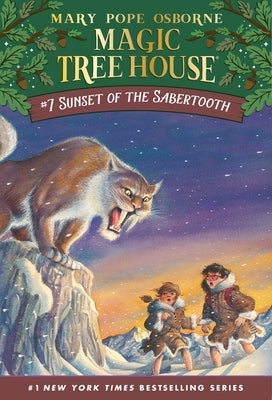 Paperback copy of "Sunset of the Sabertooth" by Random House Books for Young Readers, showing the book cover with sunset and prehistoric scene.