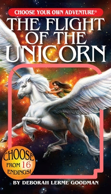 Paperback book titled "The Flight of the Unicorn" from Choose Your Own Adventure, showing the colorful cover with a unicorn illustration.
