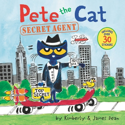Paperback Pete the Cat: Secret Agent children's book by HarperCollins with colorful cover and over 30 stickers inside.
