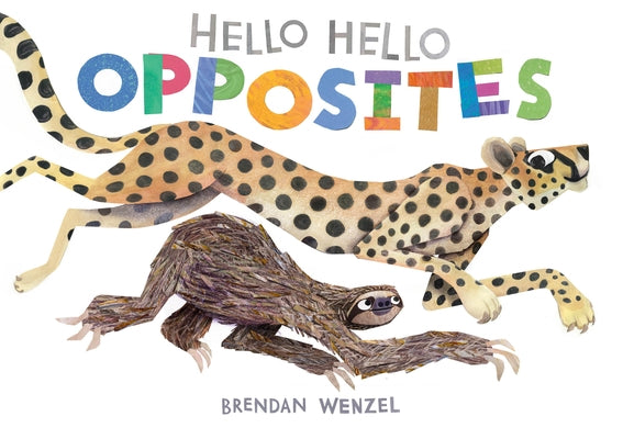 Close-up of the "Hello Hello Opposites" board book by Chronicle Books showing colorful pages with contrasting images for children.