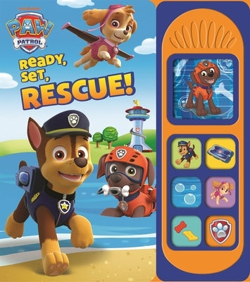 Pi Kids Paw Patrol Ready, Set, Rescue! Sound Board Book with batteries shown, featuring colorful Paw Patrol characters on the cover.