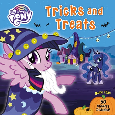 Paperback My Little Pony Tricks and Treats book with colorful stickers featuring Pony characters and festive Halloween designs.